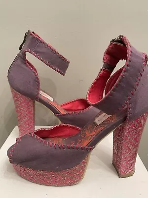 Ed Hardy Hemp And Pink Canvas Peep Toe Platform Block Heels 7 • $39.99