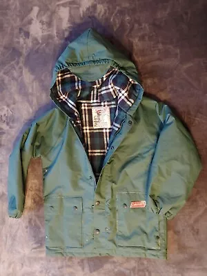 Coleman Kids Flannel Lined PVC Raincoat Jacket Buttons Hood Size Medium Vintage • $54.27