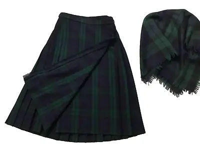 Vintage Tartan KILT Scotland Pleated Wool Skirt & Scarf Green Blue Vintage 12 • $39.99