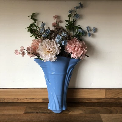 £24.99 • Buy Blue Art Deco Style Ceramic Pottery Wall Pocket Plant Vase W/ Artificial Flowers