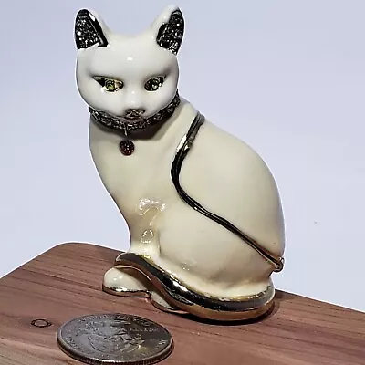 Cream Ivory White Enamel Bejeweled Hinged Cat Trinket Box Gold Trim 3  • $21.83