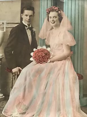 Tinted Photo Wedding Prom Girl On Guys Lap Bouquet Pink Dress 8x10” Couple Lover • £15.05