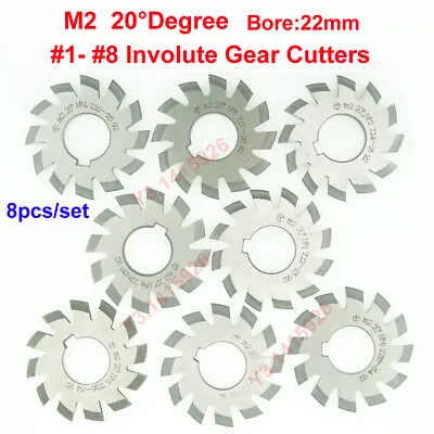 8Pcs/Set HSS M2 Bore 22mm PA 20°Degree #1#2#3#4#5#6#7#8 Involute Gear Cutter Kit • £69.42