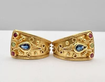 Etruscan Byzantine 14k Yellow Gold Sapphire Ruby Emerald J Hoops Post Earrings • $695