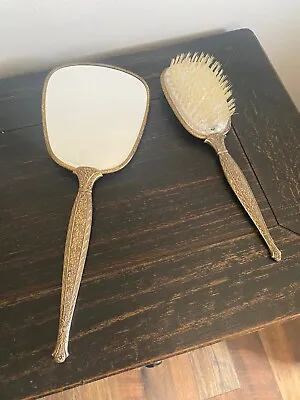 Vanity Set Vintage Hair Brush And Hand Mirror 24k Gold Plated Floral • $12