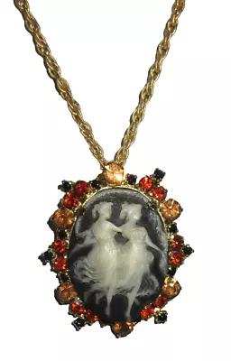 Vintage Cameo Dancers Pendant Pin Necklace  (A8) • $14.99