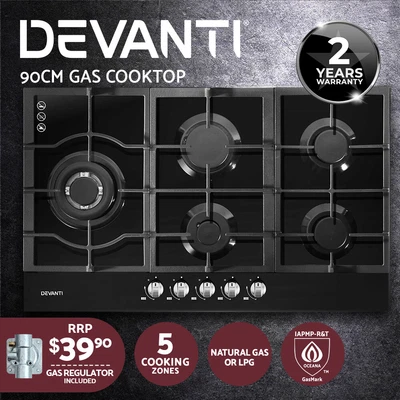 $321.43 • Buy Devanti Gas Cooktop 90cm 5 Burner Stove Hob Cooker Kitchen NG LPG Black Glass