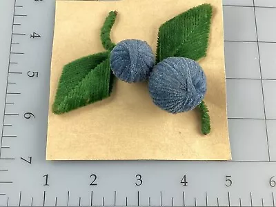 Vintage Dress Accessory 2 Green Chenille Leaves And Stem With 2 Large Blue Balls • $30