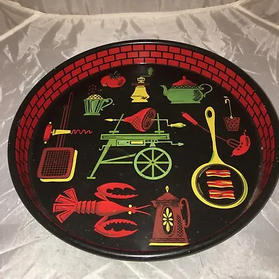 Vintage Metal Serving Tray Graphics BBQ Lobster Ham Sausage  Red Black 13” • $17.95