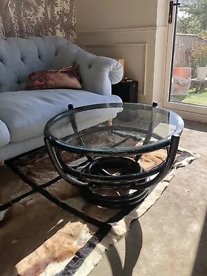 Large Vintage Bamboo Cane Glass Top Coffee Table Black Boho Mid Century Rattan • £70