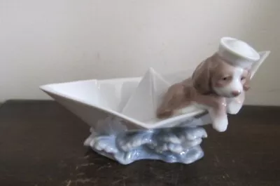 Lladro Spain Porcelain Figurine 6642 Little Stowaway Dog Sailor Hat Paper Boat • $125