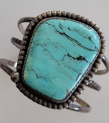 Old Pawn Handmade Vintage STERLING NAVAJO HUGE SLAB Blue Turquoise Bracelet • $14.50