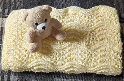 Hand Crafted Knitted Baby Blanket.  Lemon Shimmer - Feather & Fan Pattern In DK • £9.99