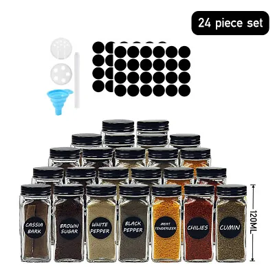 24X Spice Jars Bottles Airtight Salt Container Square Glass Seasoning Pots+label • £14.95