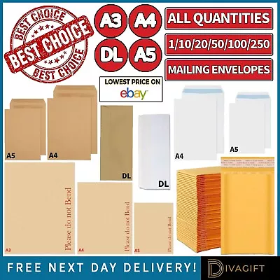 Envelopes Padded Bubble Large Letter Cardboard Brown White Postal Uk A3 A4 A5 Dl • £98.65