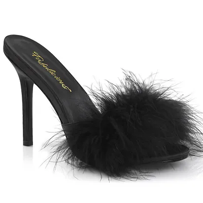 Sexy 4  High Heels Stilettos Black Marabou Feather Slides Slippers Shoes • $49.95