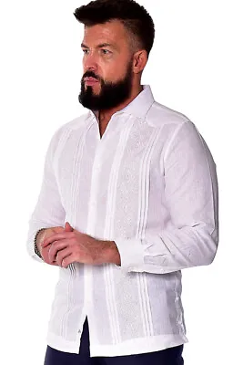 Bohio Men Linen Fancy Guayabera Style Shirt For Men - White Embroidered MLFG2034 • $49.99