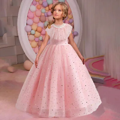 $22.99 • Buy Pageant Star Applique Girl Wedding Kid Bridesmaid Dress Lace Long Princess Dress
