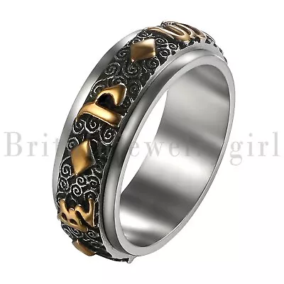 8mm Stainless Steel Men's Buddhist Six Words Mantra Anxiety Spinner Ring Band • $9.98