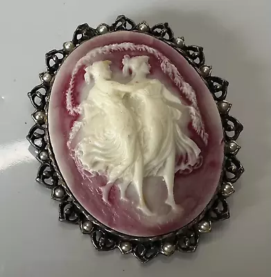 Silver Tone Pink White Carved Cameo Vintage Brooch Jewelry Lot Y • $8.50