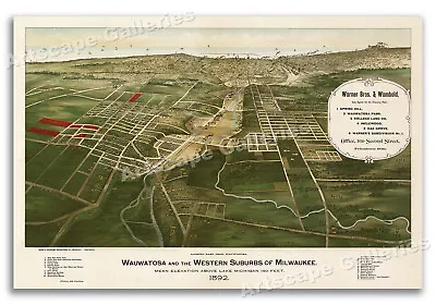 Wauwatosa And Milwaukee Wisconsin 1892 Historic Panoramic Town Map - 20x30 • $18.95