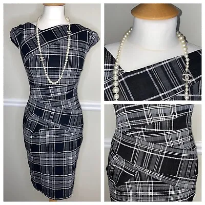 WAREHOUSE Black Grey Tartan Check Wiggle Pencil Rockabilly Bandage Dress UK 8  • £45