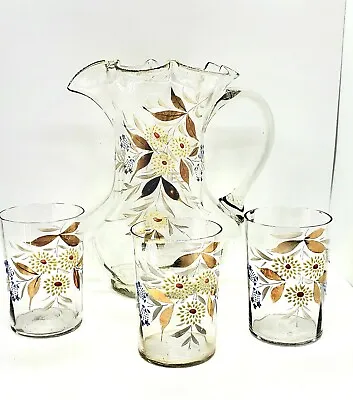 $24.35 • Buy Handblown Victorian Moser Glass Pitcher & 3 Glasses Handpainted Enameled Florals