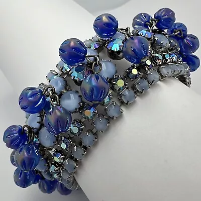 Vintage Unsigned Hobe Blue Moonstone Ab Rhinsestone Art Glass Dangle Bracelet • $15.50