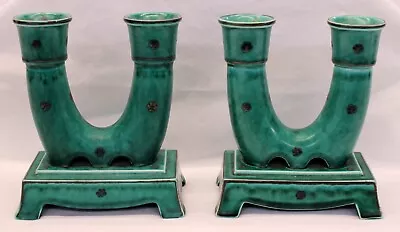 W. KAGE Gustavsberg Argenta CANDLESTICKS Pottery SWEDEN Green W/ SILVER OVERLAY • $99