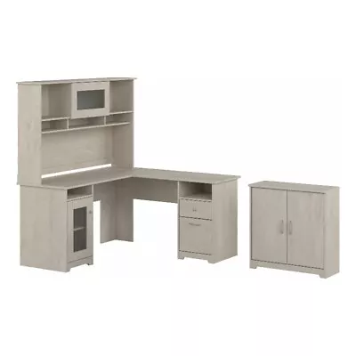 Pemberly Row Engineered Wood L Desk W/ Hutch & Small Cabinet In Linen White Oak • $757.08