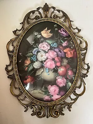 VTG 12 X9  Ornate Italian Metal Picture Frame Oval Curved Glass Flowers Print • $22.50