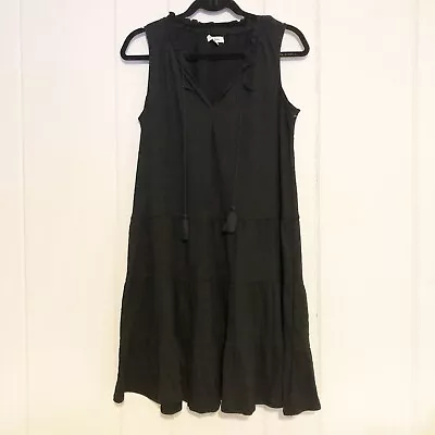 Max Studio Sleeveless Tiered Dress Black V-Neck Tiny Ruffle Tie Collar Medium • $14.95
