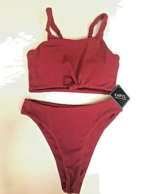 ZAFUL Women's Size Small Deep Red Sexy Knotted Front Ribbed Bikini Set • $3.99