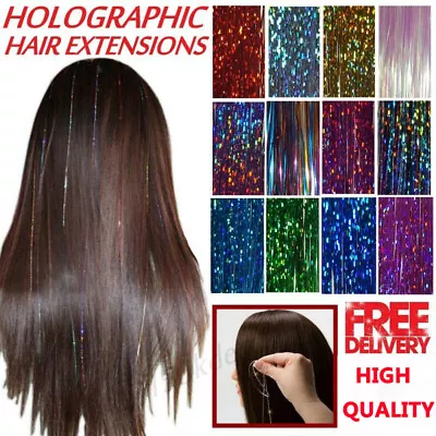 100 Strands Womans Holographic Sparkle Hair Glitter Tinsel Extensions Dazzles UK • £2.99