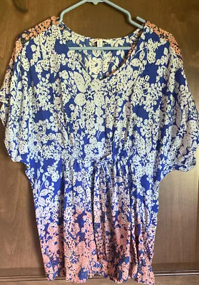 CAbi Style# 891 Coverup/ Tunic Blue Ombre Floral Dolman Sleeve Boho Size L. • $17.99