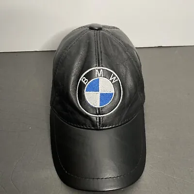 Vintage BMW Leather Cap Hat Big Logo Black One Size Fit All • $55