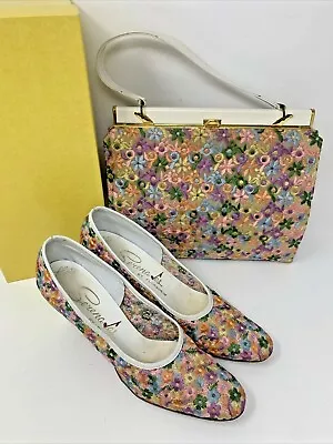 SERENADES Florsheim Floral Embroidered Mid Heel Pumps 8.5 A & Matching Purse  • $104.95