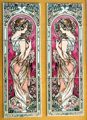 £22.50 • Buy Art Nouveau Tile Panel Decorative 3 Tiles Mural Burgundy Lady Hand Decorated UK