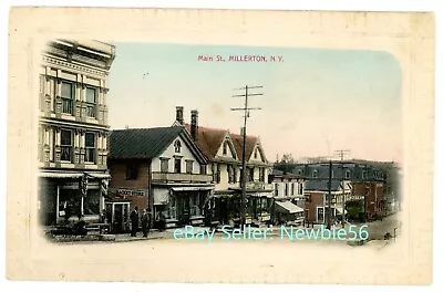 Millerton NY - MAIN STREET STORE FRONTS - Hand Colored Postcard Dutchess County • $12.50
