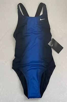 NWT Nike NESS8050-494 Women's One Piece Black Blue Sport Swimwear Size 32/6 • $27.99