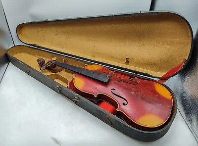 Ant. German Stradivarius Conservatory 4/4 Violin For Repair W/ Wood Coffin Case • $229.99