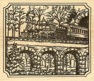 Winter Train Crossing Bridge NORTHWOODS Wood Mounted Rubber Stamp NEW M10552 • $13.50