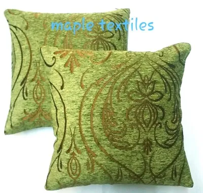 2 X Olive Moss Green Chenille Velvet Gold Regency Scrolls Cushion Covers £10.95 • £11.95