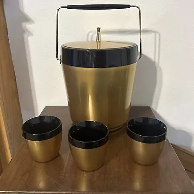 Vintage West Bend Thermo-Serv Atomic Black Gold Ice Bucket MCM Retro W/3 Cups • $29.99