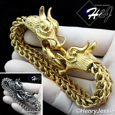 $29.99 • Buy 9 Stainless Steel Silver/Gold Plated Double Dragon Heads Franco Box Bracelet*103