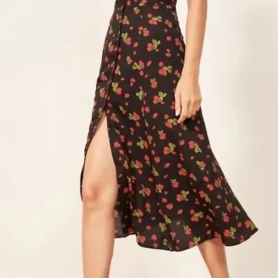 REFORMATION Hermosa Strawberry Print Button Front Midi Skirt Size 0 #32052 • $50