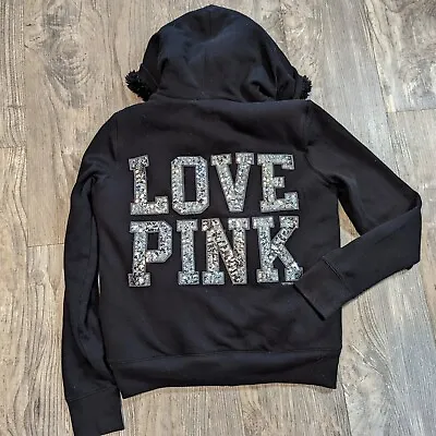 PINK Victoria's Secret Love Pink Bling Sequins Full Zip Hoodie Black Medium • $39.88