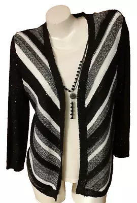 Alfred Dunner Black White Two-fer Sweater Necklace Sequins 3/4 Sleeve Misses M • $14