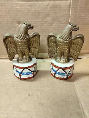 Vintage Cast Iron American Eagle 1776 Drum Bookends Doorstops Patriotic 7  Tall • $29.98