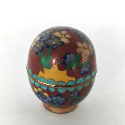 Vintage Cloisonne Enamel Trinket Box Pill Box Maroon Blue Floral Egg Shaped • $19.99